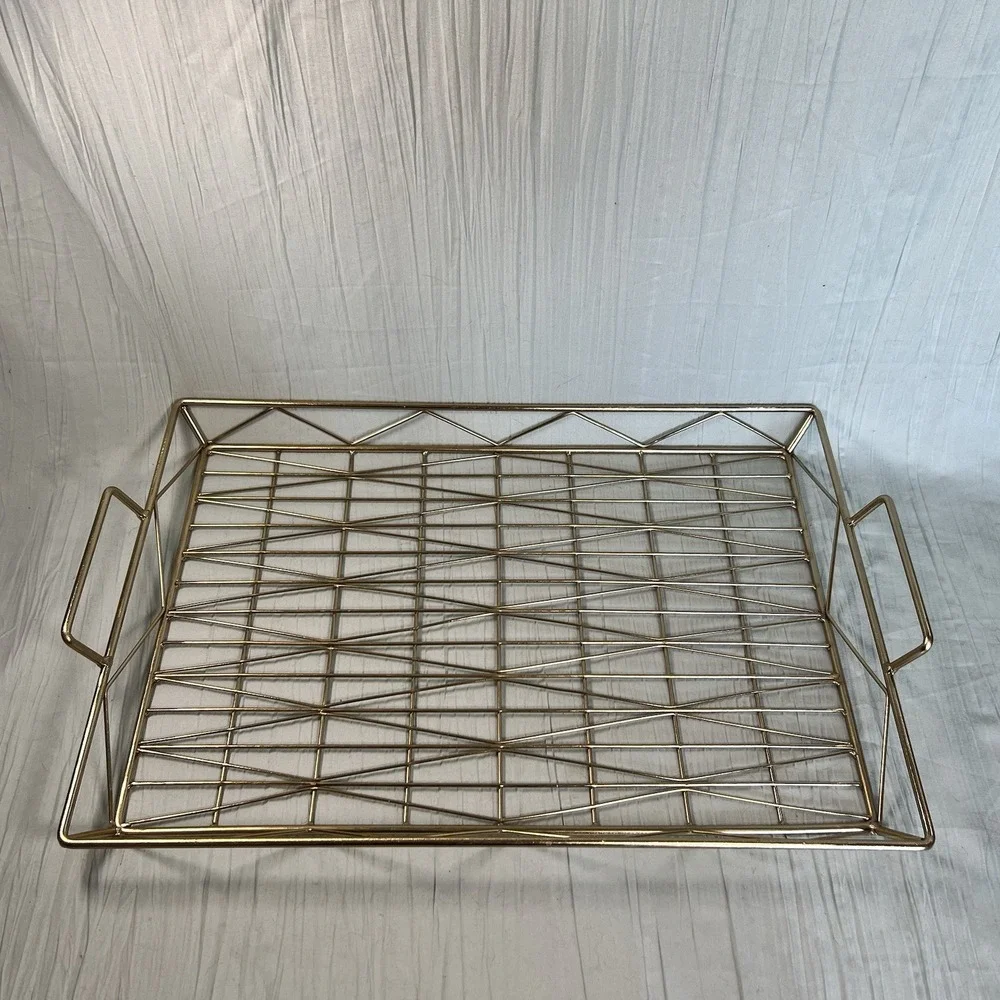 Brass Gold Tone Tabletop Diamond Pattern Tray Handles 19 X 13